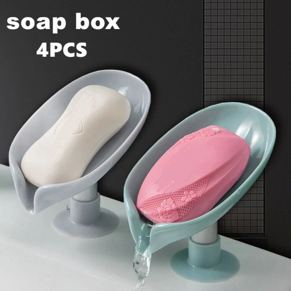 Platos diseño de jabón de desagüe de la hoja con taza de succión plástico decorativo autodenoto bandeja de jabón de jabón organizadores de baño almacenamiento
