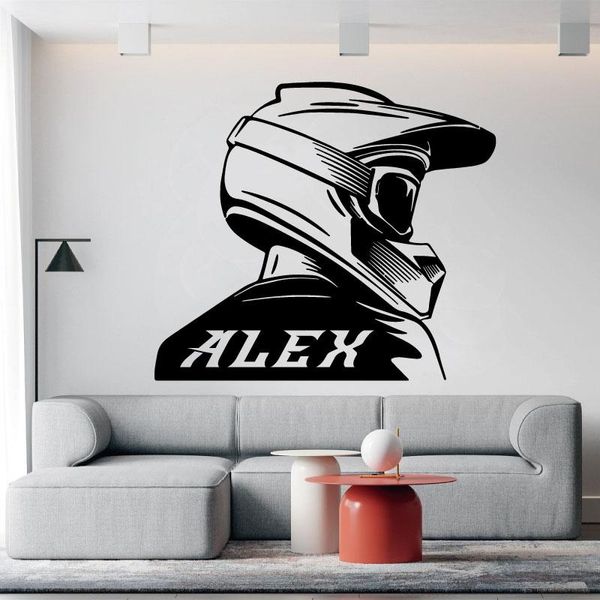 Platos Nombre personalizado Vinilo Etiqueta de la pared Motocross Rider Racer Retrato Regalo para niños Boy Room Art Decoración Calcomanía Wallpaper