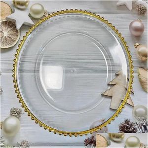 Assiettes de vaisselle 100 pièces Assiette de chargeur transparent avec perles en or Rim Acrylique Plastic Dîner décoratif servant Mariage de Noël DÉCOR DH3NB