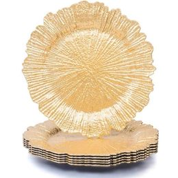 Assiettes de vaisselle 6pcs Gold Round 13 Plastique Plastique Plaques d'assiette Chargers pour le dîner de fête Mariage Élégant Place de décoration SE226O