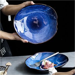 Plats Assiettes Assiette en céramique Irregar Vaisselle Série Western Food European Blue Glaze Salad Bowl Plat principal Cuisine Fournitures 201217 Dhfy0