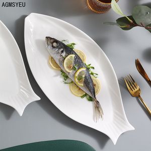 Plats assiettes créatif ménage en céramique assiette à poisson vaisselle forme Simple blanc cuit à la vapeur grande cuisine el 230828
