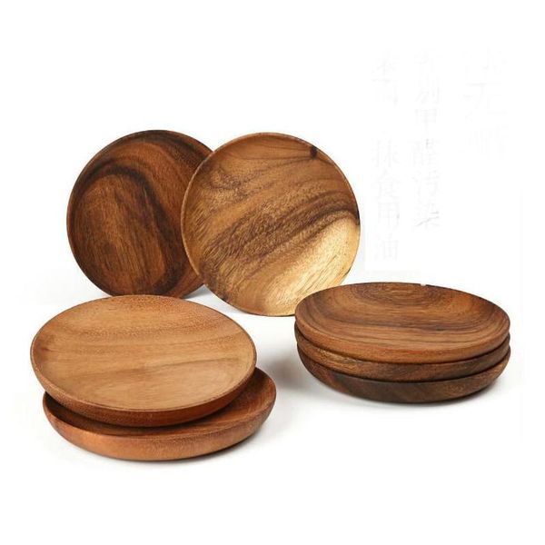 Platos Platos Diámetro 15 cm DIY Craft Madera Redonda Marrón Té Café Frutas Bandeja para servir Vajilla Plato de almacenamiento Postre Galletas Placa Sn Dhpnk