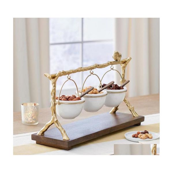 Assiettes Assiettes Branche de chêne doré Snack Bowl Stand Résine Support de Noël avec panier amovible Organisateur Décorations de fête Drop Deliver Dh1Im