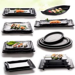 Assiettes Assiettes en mélamine noire de Style japonais, plat pour Sushi, viande de bœuf, Steak, assaisonnement, Pot de magasin, Buffet BBQ, cuisine, 1 pièce 230819