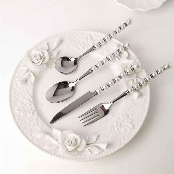 Plats Assiettes LINSBAYWU 4 Styles vaisselle en acier inoxydable perle incrustée vaisselle couteau en argent fourchette cuillère saint valentin cadeau de fête de mariage 230822
