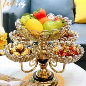 Platos de cristal de lujo, frutero de cristal, platos y bandejas multicapa, rotación moderna, bandeja de dulces para aperitivos de 360 grados, plato seco