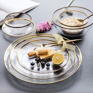 Dishes Plates Luxury Gold Inlay Glass Dinner Plate Salad Bowl Serving Cake Snack Dish Dessert 230826