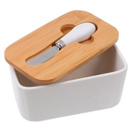 Caja de almacenamiento de mantequilla nórdica, herramienta de sellado de cerámica, bandeja de queso, contenedor con tapa de madera, cuchillo