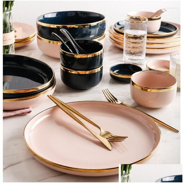 Assiettes Assiettes Rose Noir Or Inlay Céramique Assiette Vaisselle Porcelaine BK Servant Accueil Mariage Vaisselle Décorative Wholesa Dhbbs