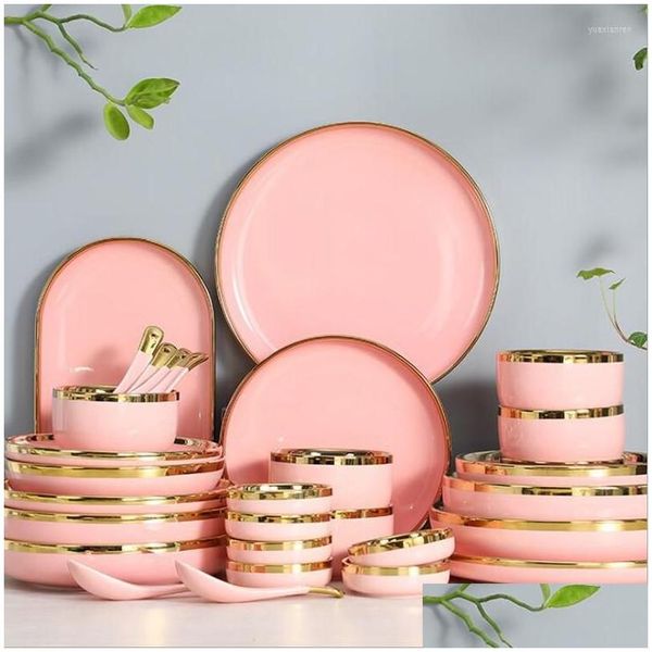 Plats Assiettes Rose avec incrustation d'or Ensemble en céramique Style nordique Servant pour le dîner Vaisselle de luxe en porcelaine Livraison directe Accueil G Dho9V