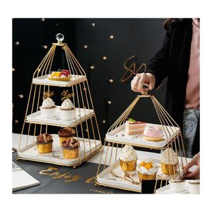 Derees borden schotels en bakjes dessertplaat 3 -laags fruitrek keramische vierkante feestje cake stand display drop levering huis garde debp
