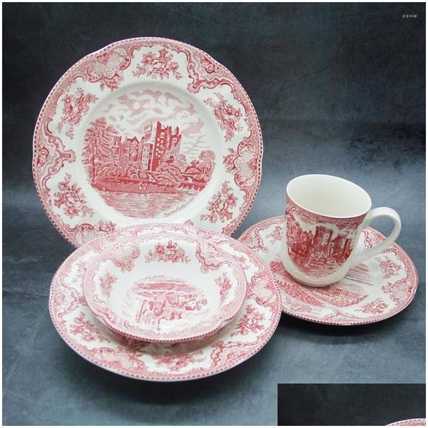 Service de table rose des châteaux de la vieille-bretagne, vaisselle de Style européen, assiette de petit déjeuner en céramique, plat à Dessert au bœuf, bol à soupe, goutte Dhevo