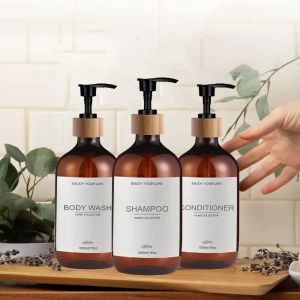 Distributeurs pompe ambre shampooing revitalisant bouteilles salle de bain distributeur 3 paquet de savon et avec douche rechargeable bambou