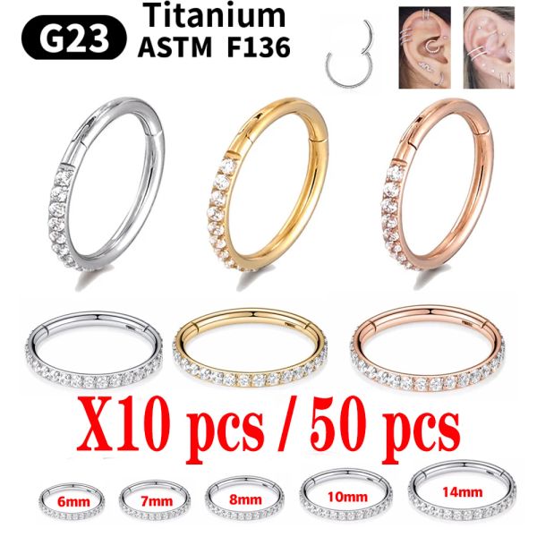 Affichage 10/50 PCS Wholesale G23 F136 Boucles d'oreilles Titanium Hoop pour femmes CZ Piercing Jewelry Gift Nasing Ring Clincet Clicker Open Diaphragm