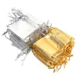 Display 100 stcs gouden zilveren folie organza trekkoord sieraden geschenkzakken 5,5x7cm feestmas bruiloft organza tassen zakjes sieraden sachet