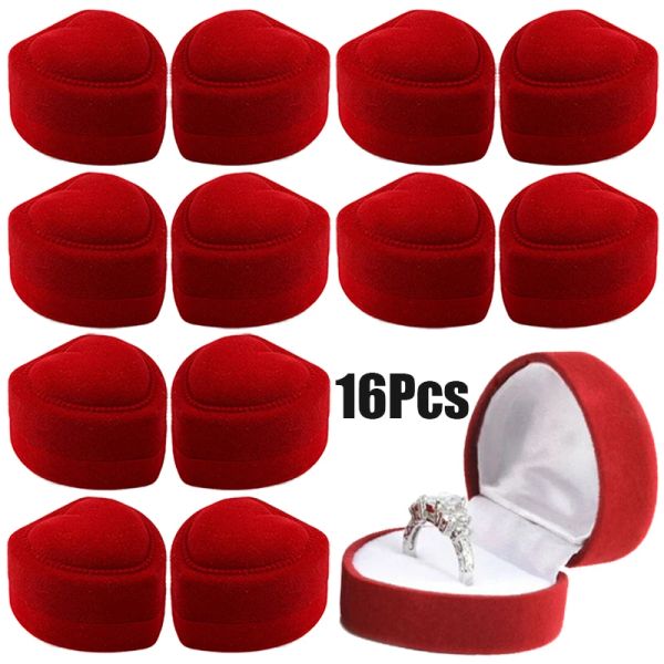 Exhibición de 16 piezas Red Velvet Heart Ring Box Caja de joyería Cajas de regalo Cajas de regalo Boda Organizador Romenador Ring Estuche Mano
