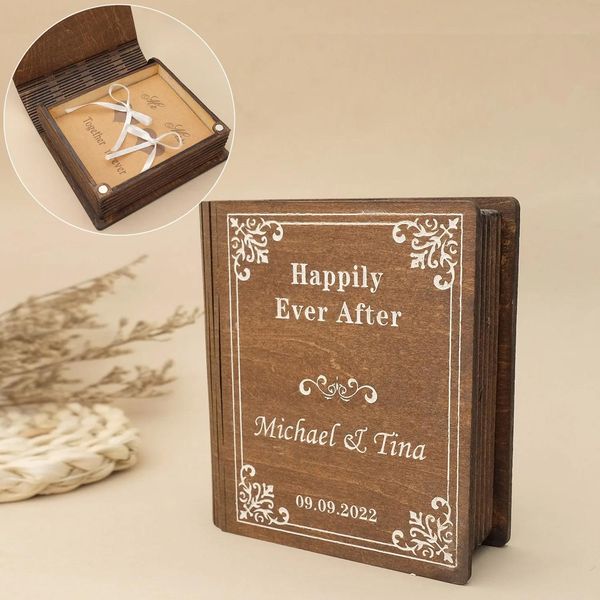 Mostrar caja de libro personalizada caja de anillo de boda personalizada caja de anillo de compromiso de madera caja de anillos de propuesta rústica titular de la caja del portador del anillo del libro de bodas