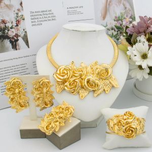 Ensemble de bijoux à grande fleur de Dubaï, collier africain à la mode, boucles d'oreilles plaquées or, jolie dame, Bracelet, bague, accessoires de conception