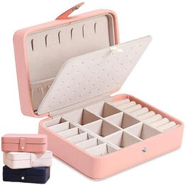 Présentoir boîtes à bijoux Portable voyage en cuir Pu Double couche bouton serrure boucles d'oreilles grand rangement présentoir organisateur boîte à bijoux