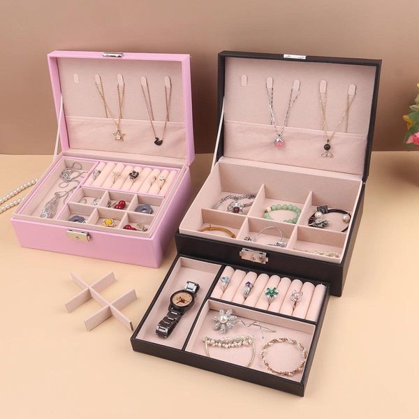 Caja de cosméticos portátil de princesa, pendientes pequeños y sencillos, pulsera, anillo, caja de joyería de doble capa, caja de almacenamiento de collares