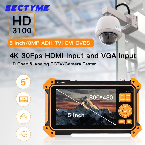 Pantalla Sectyme 3100C CCTV Tester HD Coaxial 4K 8MP ADH TVI CVI CVBS Probador con monitor de pantalla TFTLCD TFTLCD de transmisión de 5 pulgadas