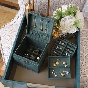 Display massieve houten fluweel retro Jewlery Box Grote capaciteit drie verdiepingen display verpakking Organisator voor oorbel kettingringboxen