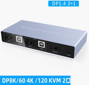 DisplayPort KVM Switch 2x1 4K 60Hz 8k DP USB KVM Switch 2 en 1 pour 2 PC Partager moniteur de clavier de souris avec contrôleur de bureau