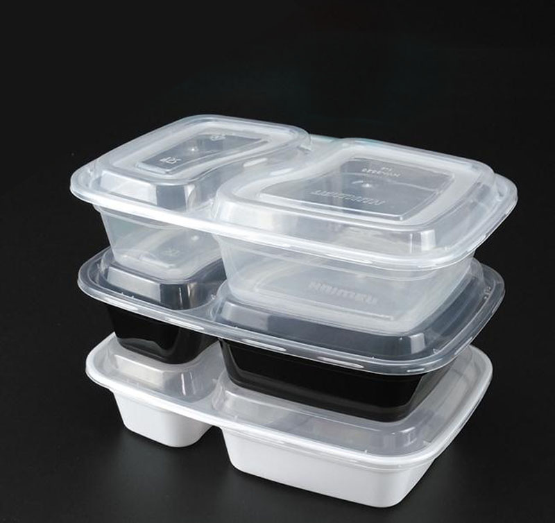 Einweg-Dinnerbox aus Kunststoff, 1000 ml, Verpackung, 2 Fächer, Aufbewahrung von Lebensmitteln, Mittagessen, Holoder, 3 Farben, Take-Out-Boxen, Geschirr, 150 Sätze/Los