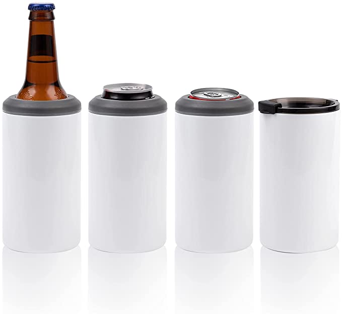 4 in 1 16oz Sublimation Can Cooler Mugs Stainless Steel Straight Tumbler Insulated Travel Cup Beer Holder with Handle Lid