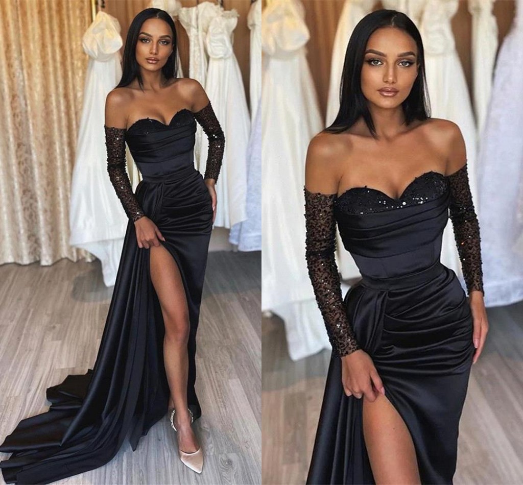 Elgant Black Evening Dresses With Front Split Arabic Women Sexy Sweetheart A Line Backless Prom Dress Black Girls Met Gala Vestidos BC16583