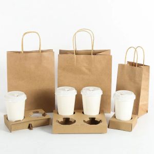 Porte-café jetable à emporter, support d'outils d'emballage de jus de lait de café avec sac en papier, étagère de tasses de boissons à emporter QW8815 ZZ