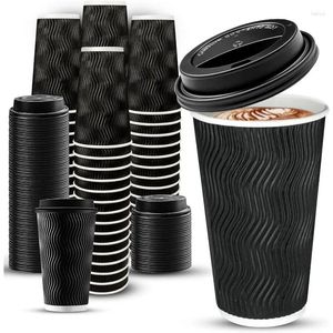 Copas desechables Pajitas 100 paquete de 16 oz Café aislado con tapas para llevar - Negro
