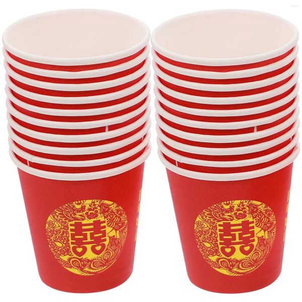 Gobelets jetables pailles 100 pièces rouge Double bonheur verre mariage Banquet papier fête tasses à thé vaisselle de fête couverts pratiques