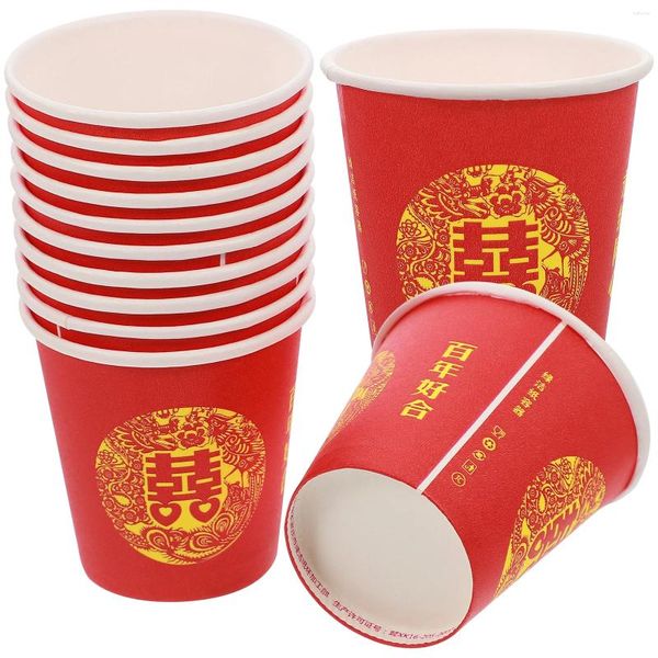 Vasos desechables, pajitas, 100 Uds., rojo, doble felicidad, cristal, fiesta, dulces, bebidas, papel, banquete de boda, calidad alimentaria