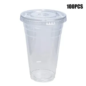 Gobelets jetables pailles 100 ensembles tasse avec couvercle en dôme en plastique boisson froide glacée café thé Smoothie Transparent antidérapant accessoires portables pour la maison