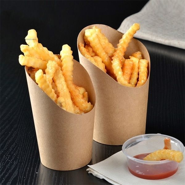 Gobelets jetables Pailles 100pcs Kraft papier croustilles boîte sacs jetables frites tasse nourriture collation boîtes d'emballage Main tenant 221007