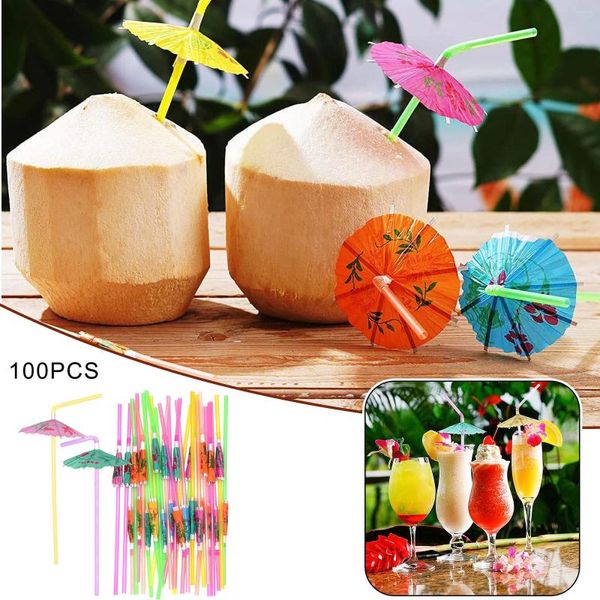 Tasses jetables Paies 100pcs Tropical Plastic Umbrella Parasols Cocktail Drink Drink Hawaii Beach Wedding Party Decor