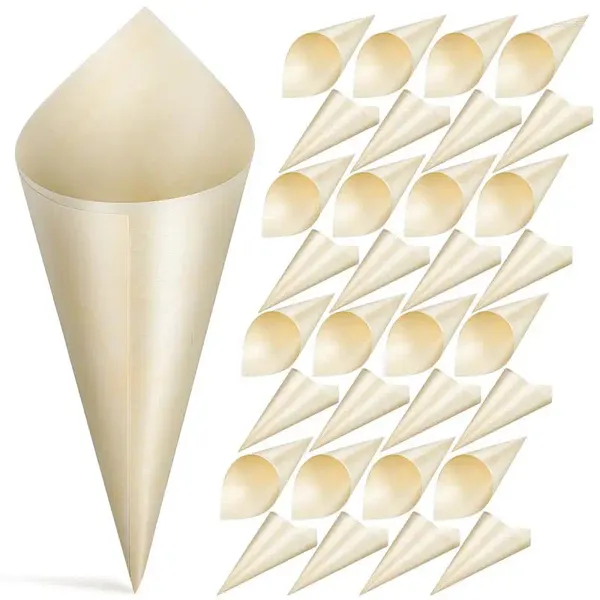 Tazas desechables pajitas 100pcs conos de degustación de madera recipiente de envasado de cono de helado de alimentos para fiestas caseras buffets de plástico