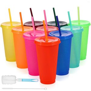 Gobelets jetables en plastique, 10 pièces, pailles à couleur changeante, avec couvercles et brosse à tasse froide de 710ml, paille pour café glacé à faire soi-même