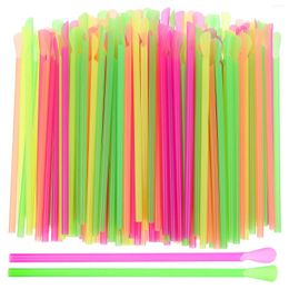 Gobelets jetables pailles 150 pièces cuillère double usage paille à boire pour Milkshakes glace rasée (ampoules en plastique réutilisables mélangées