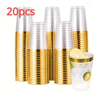 Wegwerpbekers rietjes 20 stks 10 oz heldere gouden rand plastic dessert mokken wijnglazen voor bruiloften fancy outdoor picnic campout feest