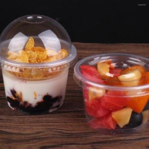 Gobelets jetables pailles 20 pièces 250ml salade claire avec couvercle Dessert (Transparent)