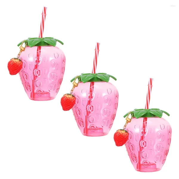 Tazas desechables pajitas 3 pcs tazas de fresa bebida fiesta de plástico vasos bebidas tapa de agua Modelado de jugo frío