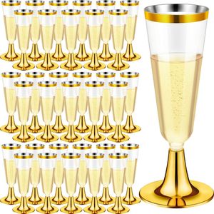 Gobelets jetables Pailles 30pcs flûtes à champagne en plastique bordées 5 oz or clair verres à griller cocktail pour la fête de mariage 230505