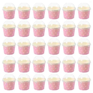 Gobelets jetables pailles 50 pièces bols en papier crème glacée Mousse support de gâteau avec couvercle Dessert gelée récipient rose