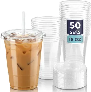 Paignes jetables Paies 50 ensembles de 16 oz en plastique transparent avec des couvercles et pour les boissons froides de smoothie à café glacé
