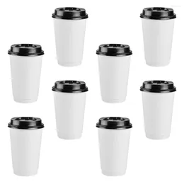 Gobelets jetables pailles 50pcs café Double couche tasse en papier avec couvercle lait thé isolation à emporter bureau accessoires pour boire