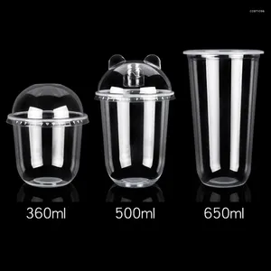 Gobelets jetables Pailles 50pcs Creative Bear Cover Clear Drink Tea Plastic 360ml 500ml 700ml U Shape Ice Cream Dessert Cake Cup avec couvercle