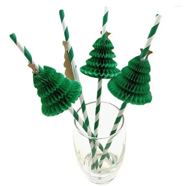 Tass jetables pailles 50pcs papier paille bouche plate bouche verte 3d arbre de Noël en boisson d'anniversaire de mariage